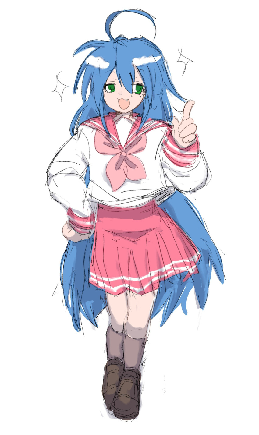1girl, :3, absurdres, ahoge, blue_hair, fang, full_body, green_eyes, highres, index_finger_raised, izumi_konata, kassabakeki, long_hair, long_sleeves, lucky_star, open_mouth, school_uniform, serafuku, sketch, smile, socks, solo, very_long_hair