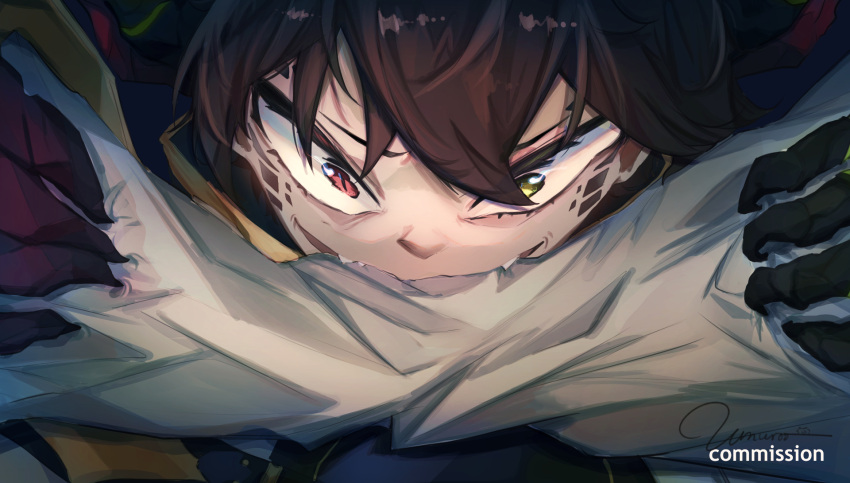 1boy, artist_name, biting, brown_hair, claws, close-up, commentary, commission, constricted_pupils, crazy_eyes, diamond_facial_mark, english_commentary, english_text, facial_mark, fangs, hair_over_one_eye, hands_up, highres, indie_virtual_youtuber, male_focus, portrait, signature, solo, umuroo_draws, v-shaped_eyebrows, vexvalac, vgen_commission, virtual_youtuber