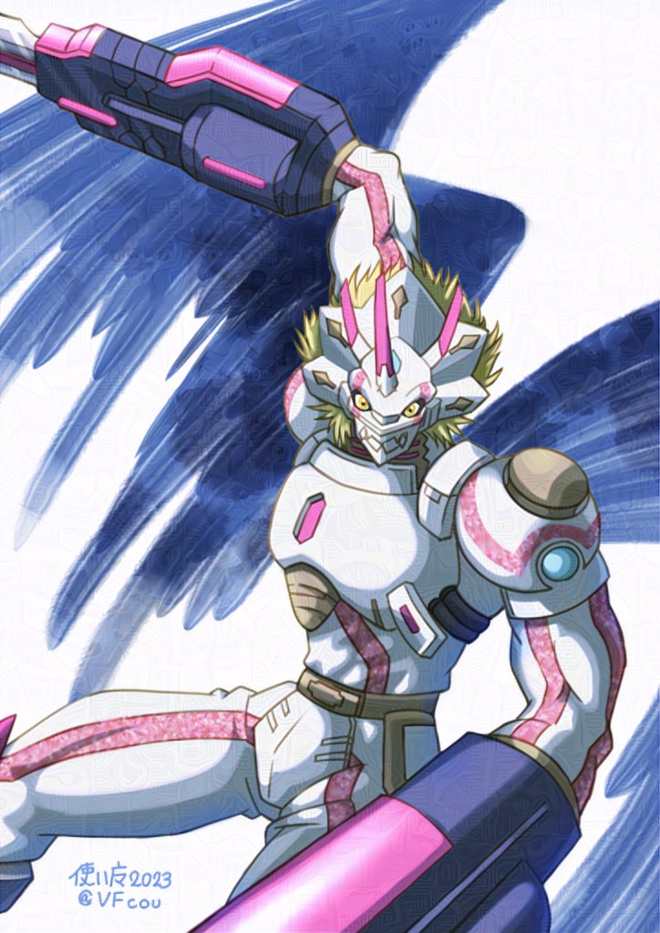 arm_blade, armor, black_wings, blonde_hair, digimon, digimon_(creature), dragon, horns