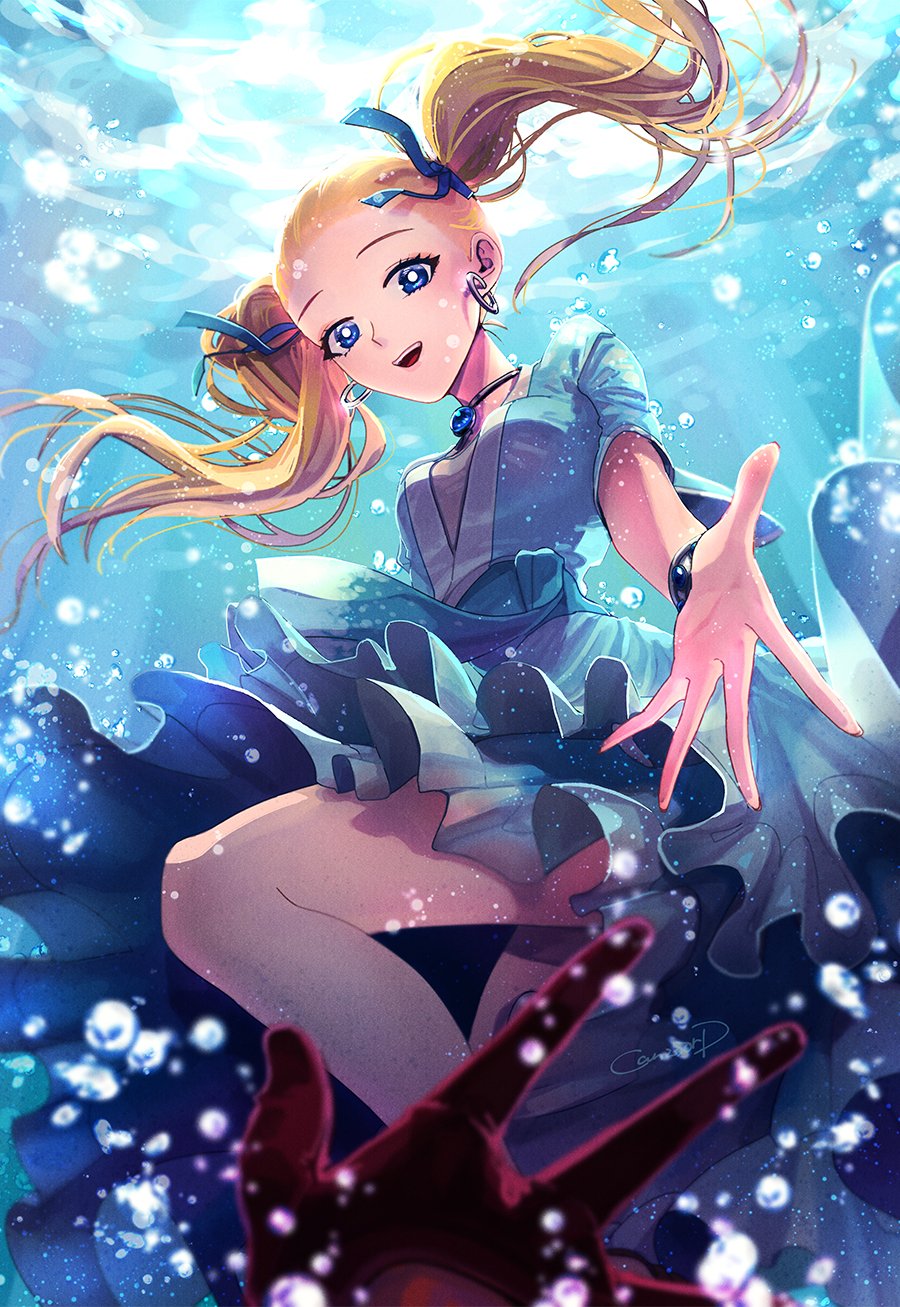1boy, 1girl, air_bubble, aqua_dress, aqua_ribbon, aqua_sash, blonde_hair, blue_eyes