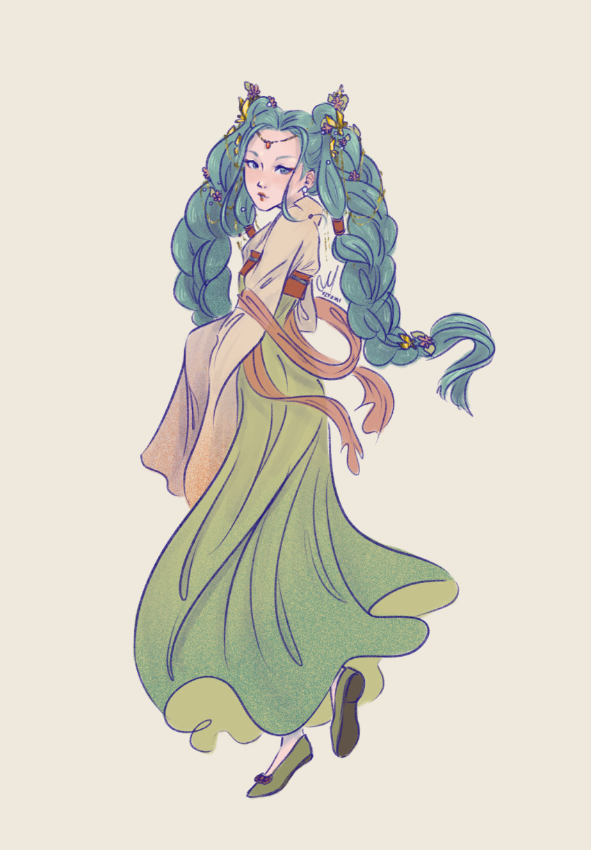 1girl, artist_name, braid, butterfly_hair_ornament, china, chinese_clothes, chinese_empire, earrings, flower, full_body, green_footwear, green_hair, hair_flower, hair_ornament, hanfu, hatsune_miku, highres, jewelry, lipstick, long_sleeves, makeup, simple_background, standing, tang_dynasty, twin_braids, vocaloid, wide_sleeves, xzyumi