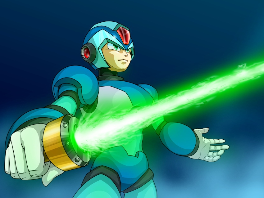 1boy, absurdres, android, armor, blue_armor, blue_background, blue_helmet, cowboy_shot, energy_sword, forehead_jewel, green_eyes, helmet, highres, holding, holding_sword, holding_weapon, male_focus, mega_man_(series), mega_man_x_(series), solo, sword, user_upnu2573, weapon, x_(mega_man), z_saber