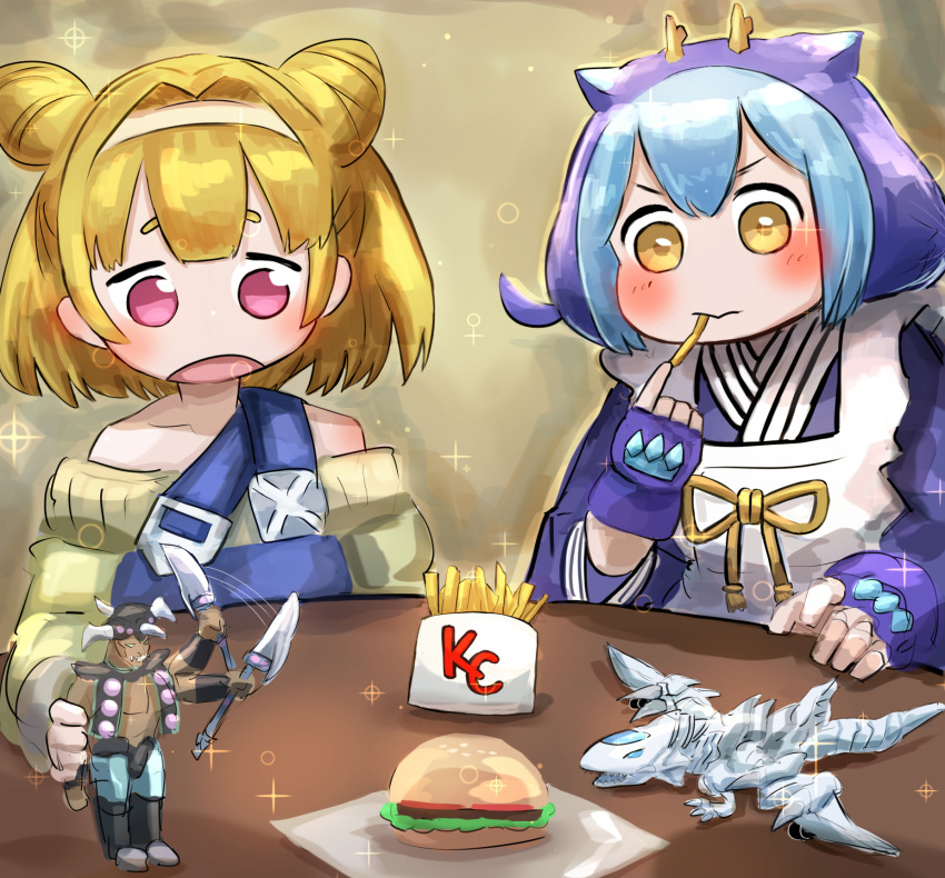 2girls, apron, blonde_hair, blue-eyes_jet_dragon, blue_hair, burger, dragon_girl, dragon_horns
