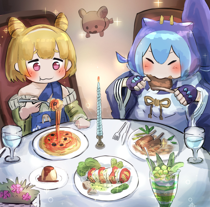 2girls, absurdres, apron, blonde_hair, blue_hair, closed_eyes, cup, dragon_girl