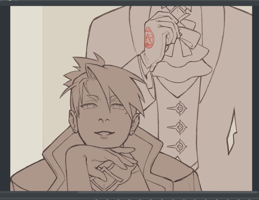 1boy, 1girl, adjusting_ascot, art_program_in_frame, ascot, buttons, coat, coat_on_shoulders