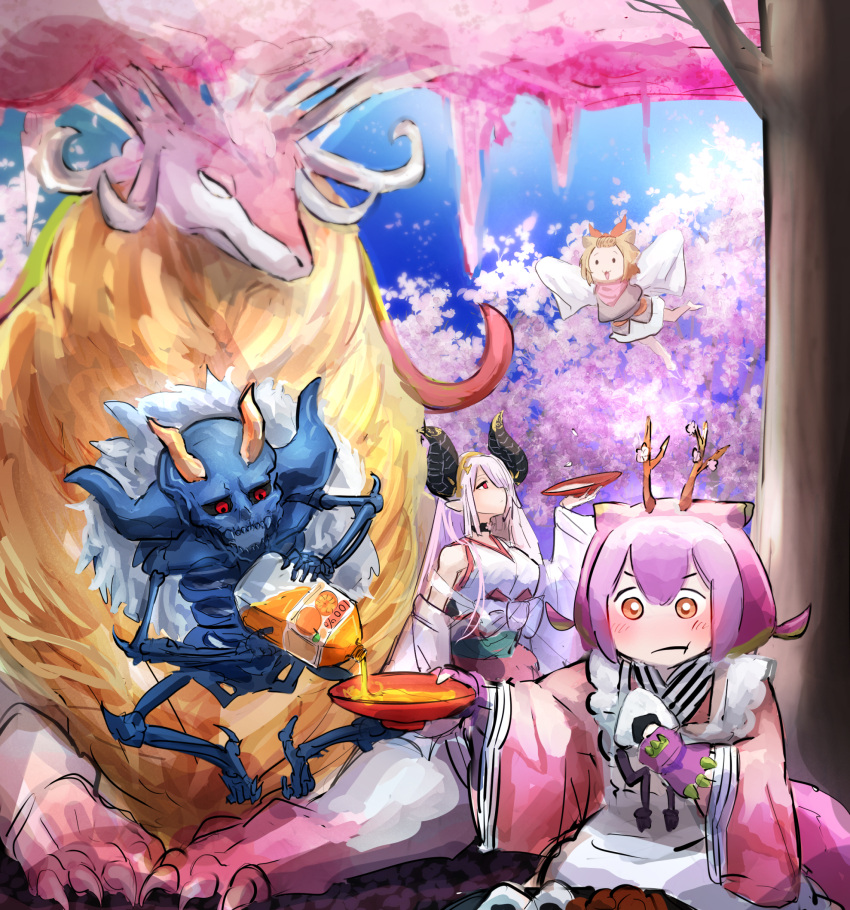 1boy, 3girls, alternate_color, ash_blossom_&amp;_joyous_spring, cherry_blossoms, demon_girl, dragon, dragon_girl