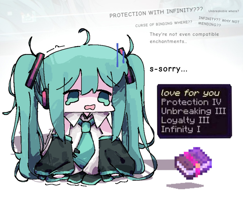 1girl, ahoge, aqua_eyes, aqua_hair, aqua_necktie, black_sleeves, chibi, commentary, crying, detached_sleeves, enchantment_(minecraft), english_commentary, english_text, gameplay_mechanics, hatsune_miku, headphones, heads-up_display, highres, jaggy_lines, jpeg_artifacts, koyoinacho, long_hair, minecraft, necktie, sad, twintails, vocaloid