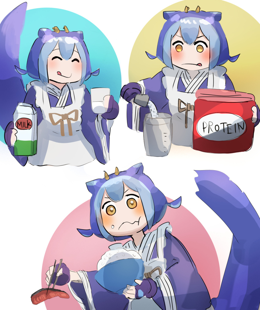 1girl, absurdres, apron, blue_hair, blue_kimono, chopsticks, commission, dragon_girl