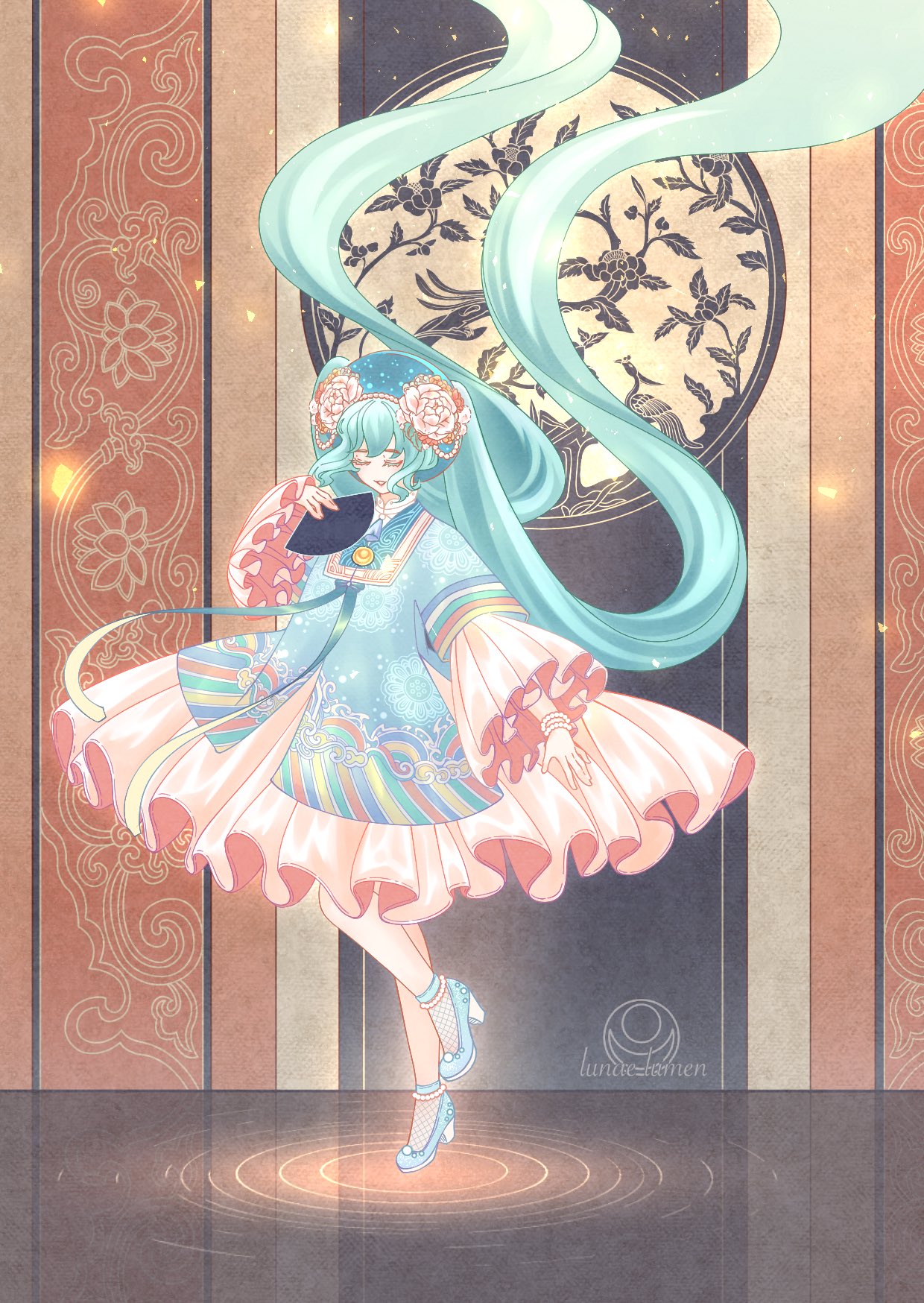 ao_nhat_binh, blue_hair, closed_eyes, floating_hair, flower, hair_flower, hair_ornament, hand_fan