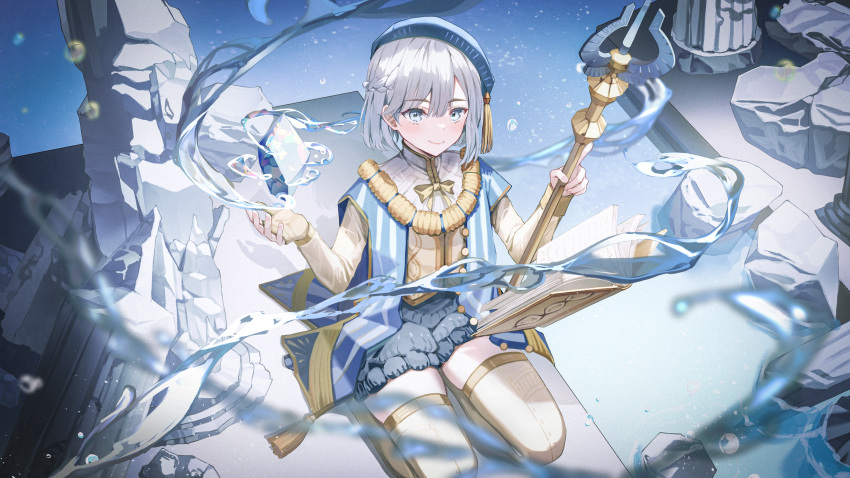 1girl, absurdres, afk_journey, beret, blue_eyes, blue_hat, bow, braid