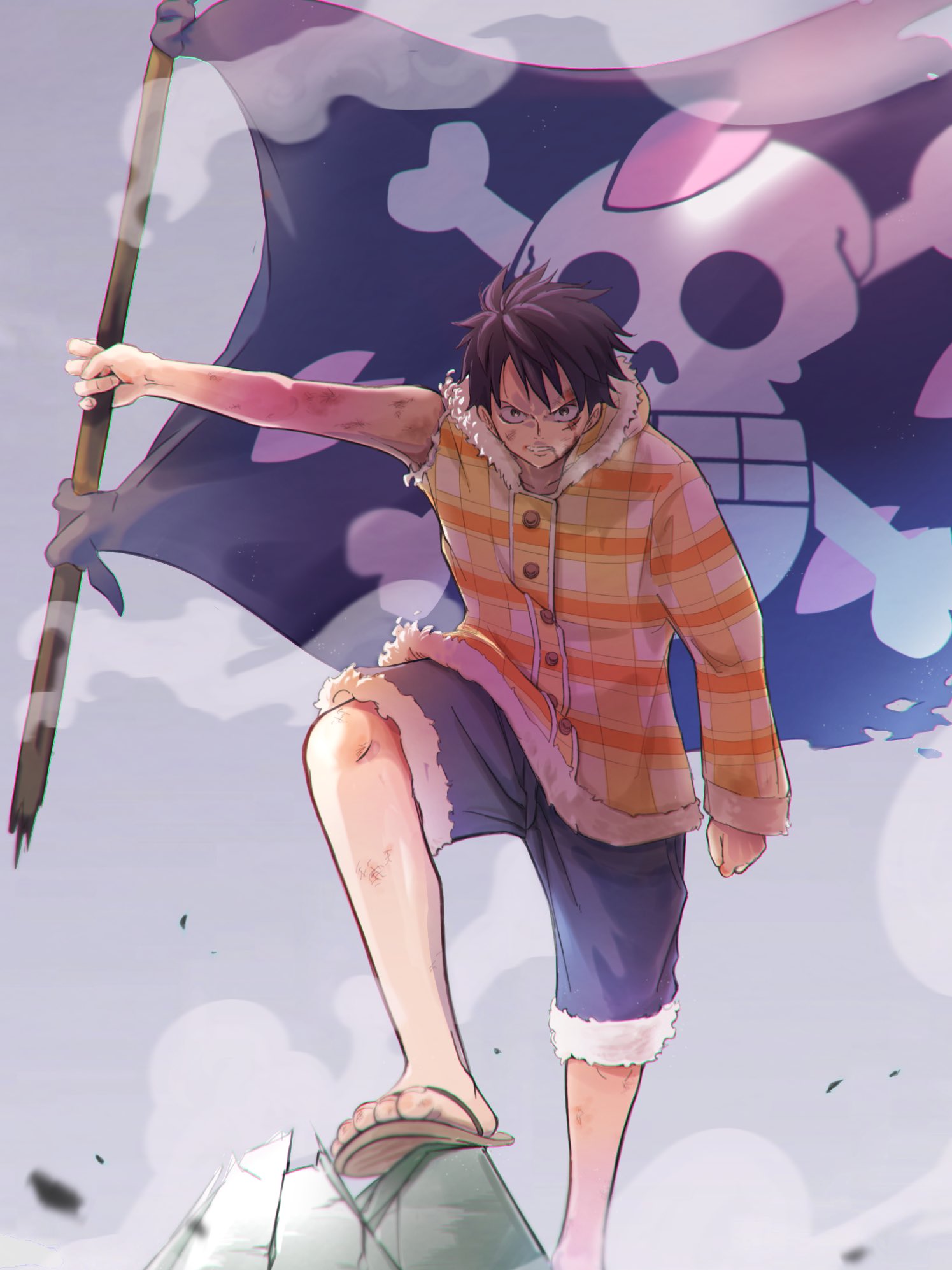 1boy, black_hair, blood, blood_on_face, blue_shorts, clenched_hand, coat, commentary_request