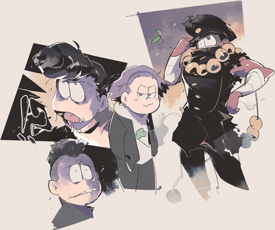 4boys, alternate_costume, alternate_hairstyle, anger_vein, bandaged_arm, bandages, bead_necklace, beads
