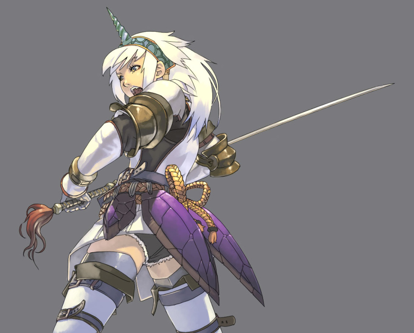 :o, armor, bangs, belt, blue_eyes, bracelet, denim, denim_shorts