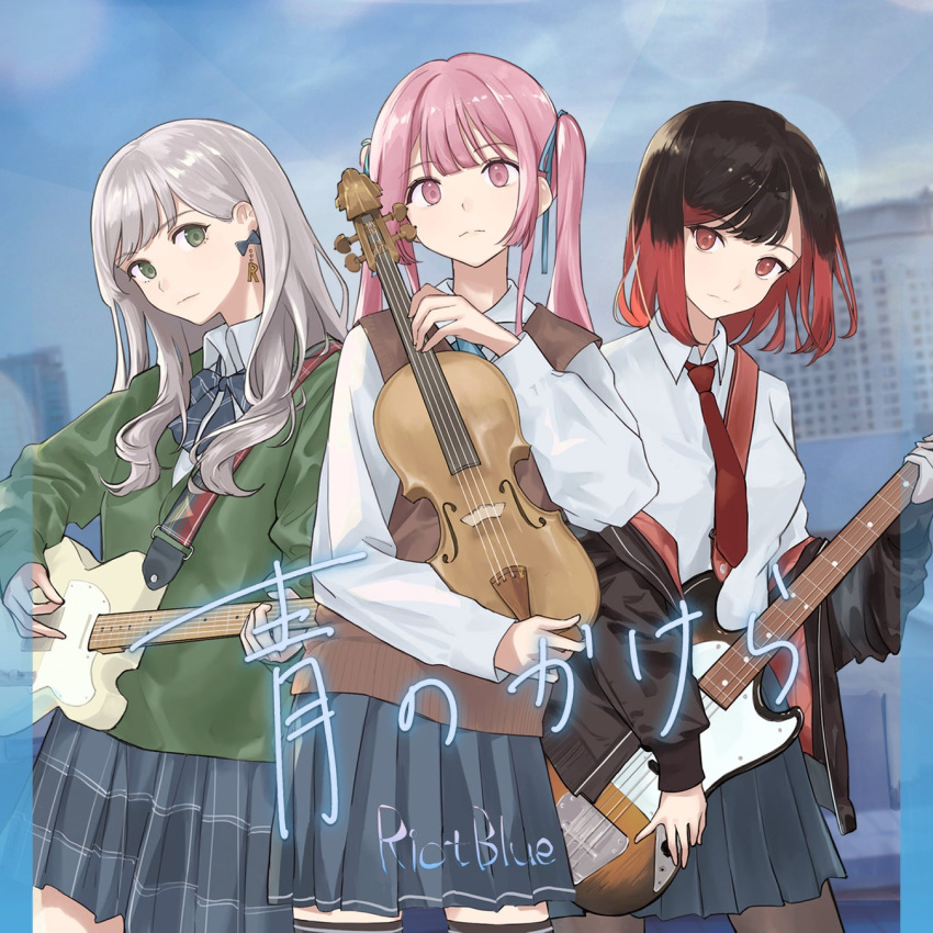 3girls, akashi_amane, black_hair, green_eyes, green_shirt, guitar, highres, instrument, light_brown_hair, mao_ura, multicolored_hair, multiple_girls, noanoa-iroha, official_art, pink_eyes, pink_hair, red_eyes, redhead, riot_blue, school_uniform, shiki_(riot_blue), shirt, twintails, violin, virtual_youtuber
