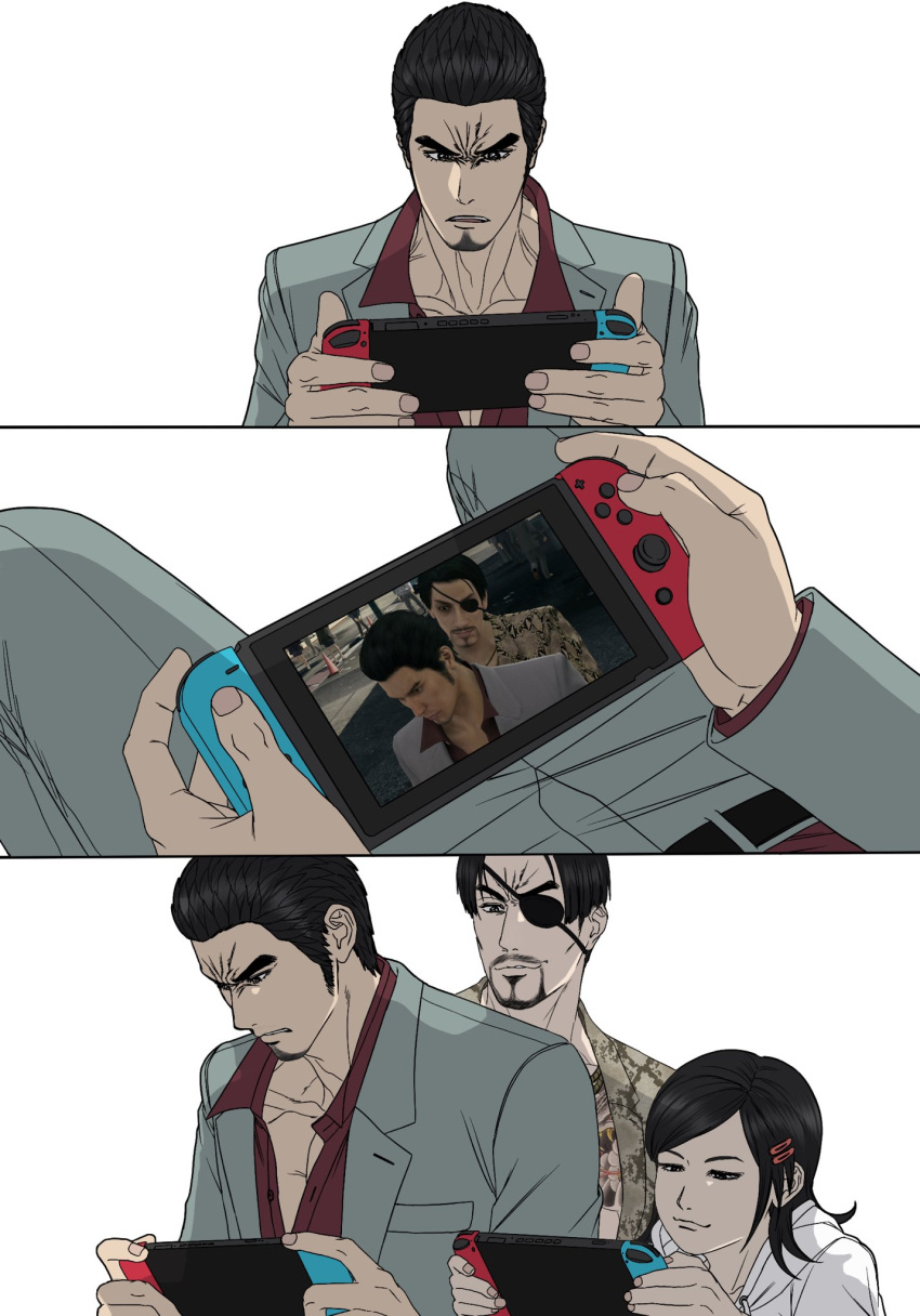 1girl, 2boys, beard, cdtxufre, facial_hair, goatee, grey_suit, highres