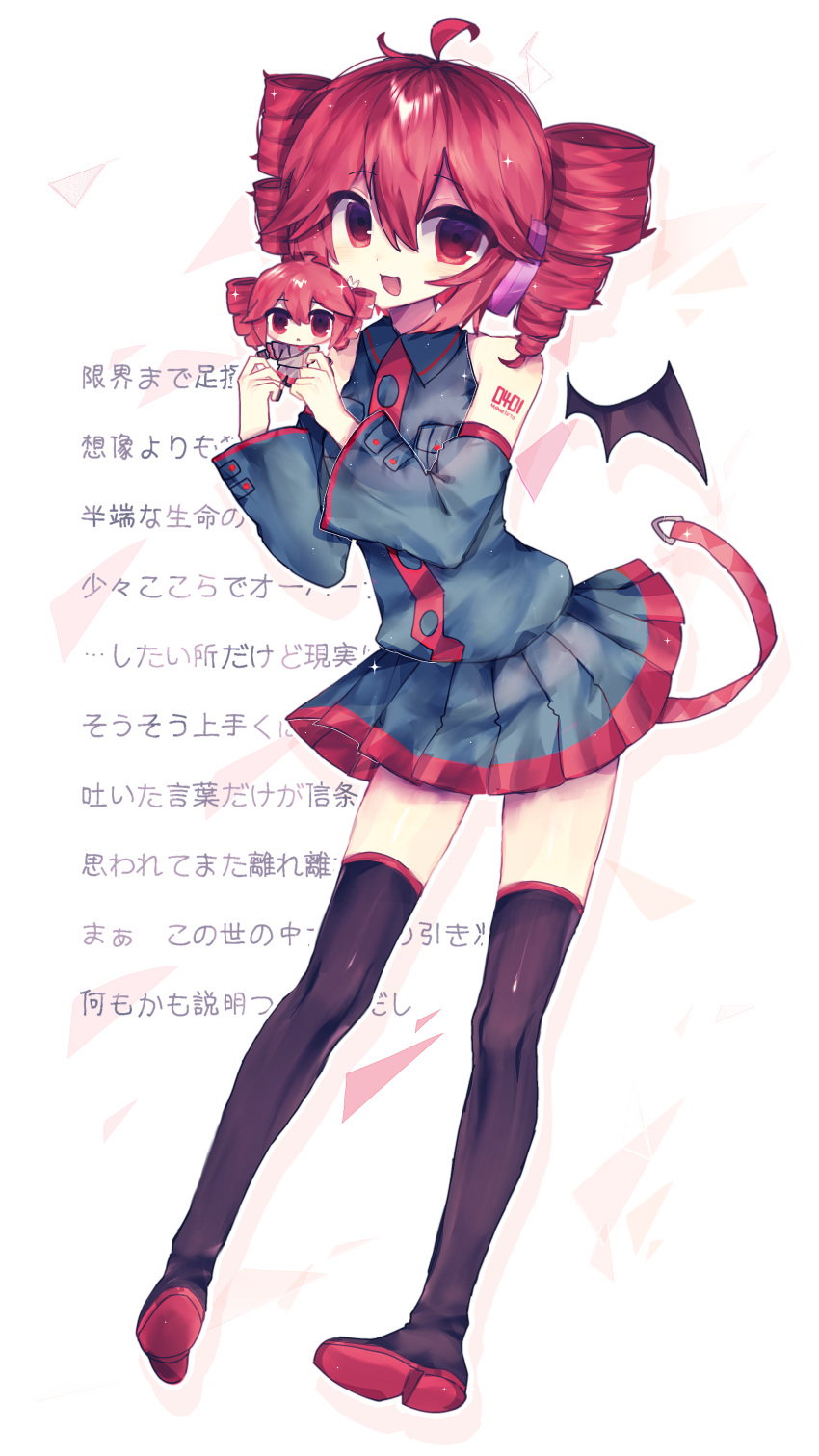 1girl, 2000s_(style), absurdres, acg49, ahoge, bat_wings, belt, blush