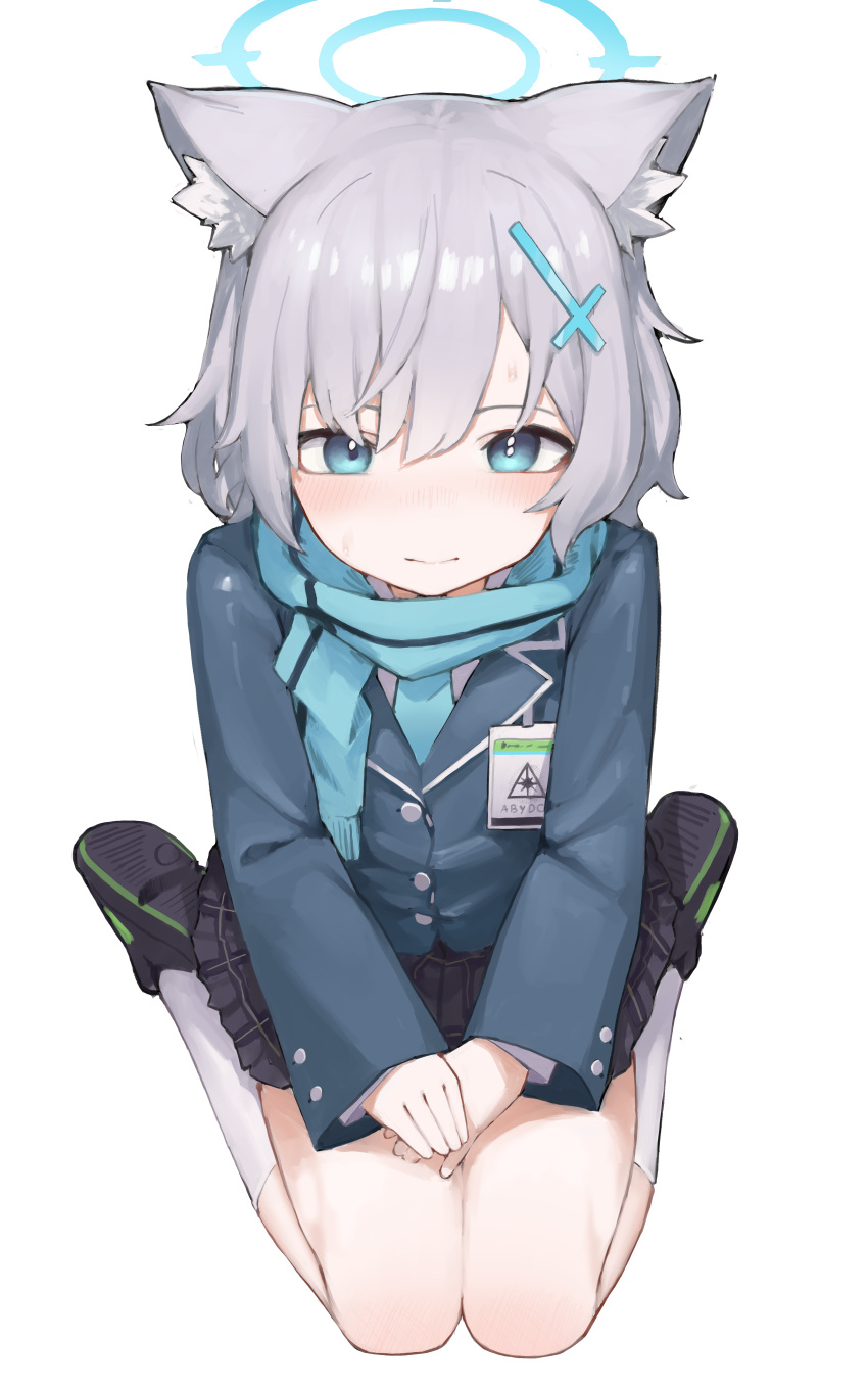 1girl, absurdres, animal_ear_fluff, animal_ears, black_footwear, black_skirt, blue_archive, blue_coat
