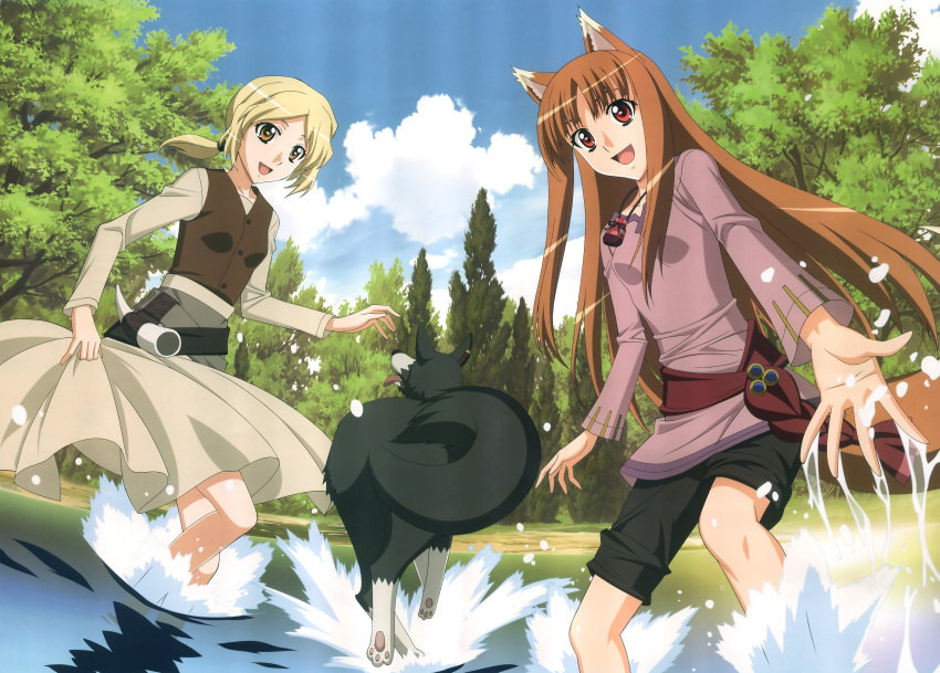 blond_hair, dog, dress, enekk, forest, fox_tail, holo, lake