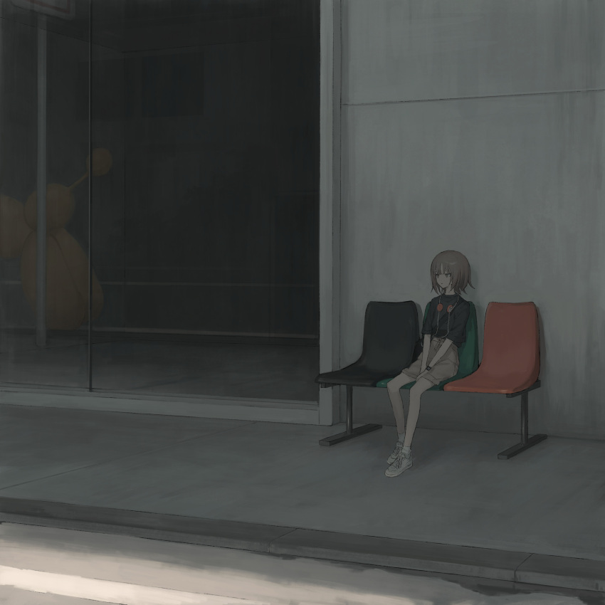 1girl, absurdres, bag, balloon_animal, bench, black_shirt, expressionless, grey_hair