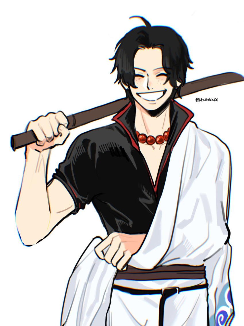 1boy, ^_^, arm_out_of_sleeve, black_hair, closed_eyes, commentary_request, cosplay, cowboy_shot