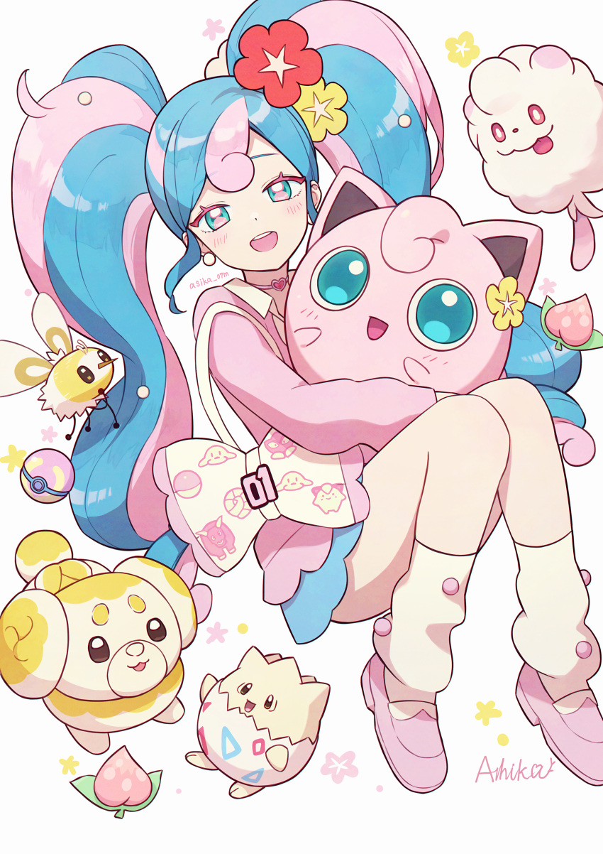 1girl, absurdres, aqua_eyes, aqua_skirt, artist_name, ashika_(yftcc948), berry_(pokemon), blue_hair