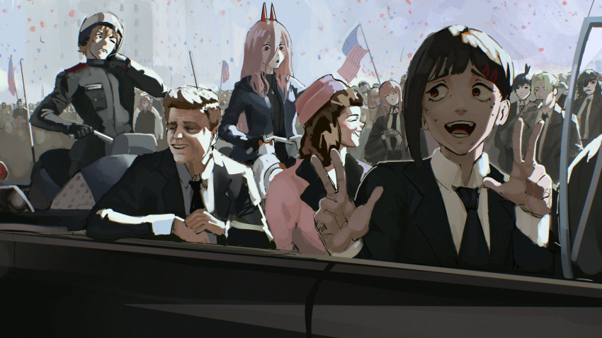 4boys, 6+girls, :d, american_flag, angel_devil_(chainsaw_man), backlighting, black_necktie, black_suit