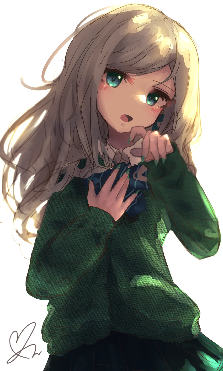 1girl, absurdres, green_eyes, green_shirt, highres, light_brown_hair, long_hair, long_sleeves, looking_at_viewer, micomi_uminoe, open_mouth, riot_blue, shiki_(riot_blue), shirt, uniform, virtual_youtuber