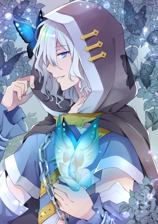 1boy, black_cape, blue_butterfly, blue_eyes, blue_shirt, bug, butterfly, cape