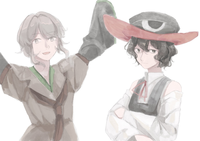 2others, androgynous, arms_up, ascot, black_eyes, black_hair, black_hat, black_sleeves