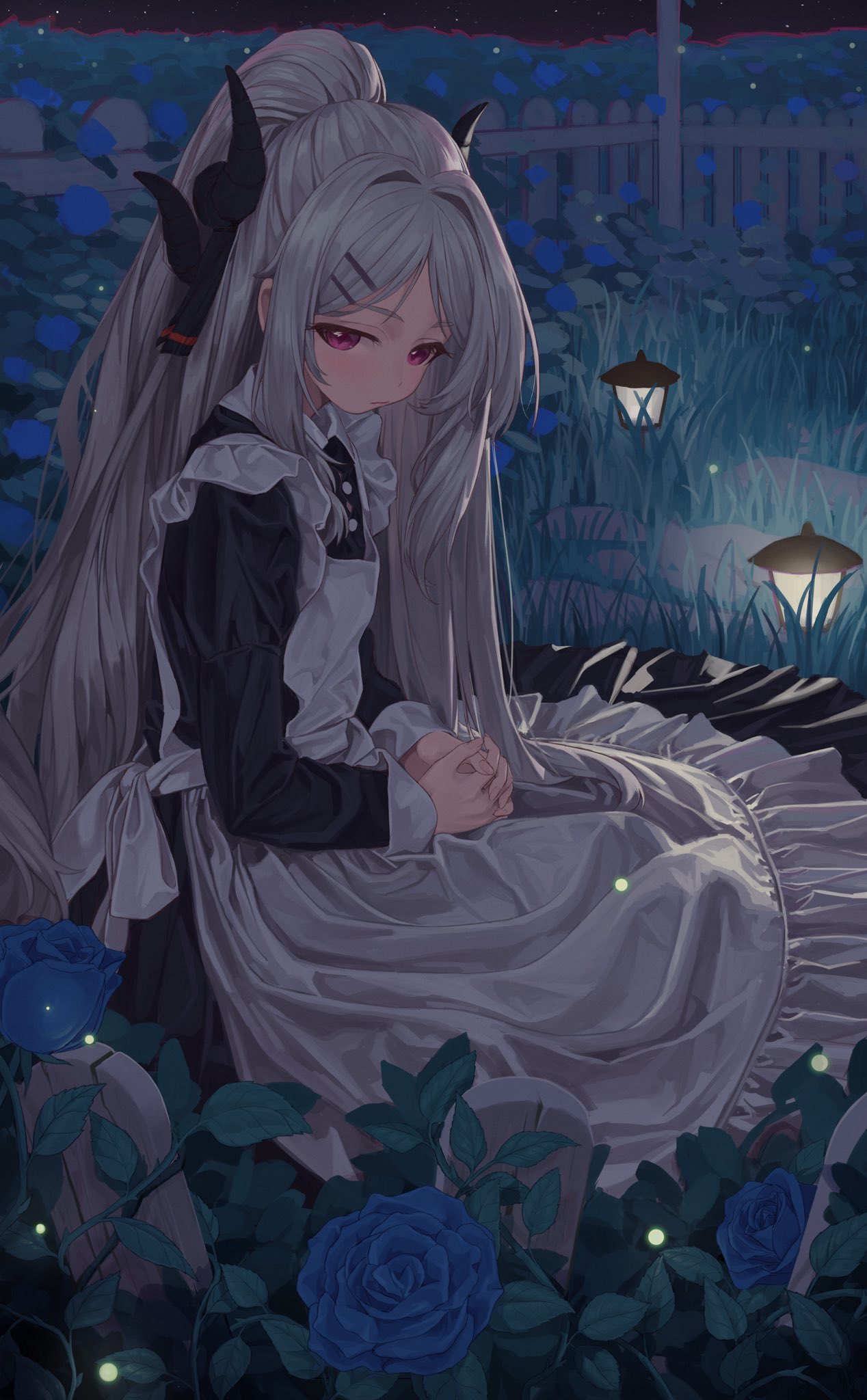 1girl, alternate_costume, apron, black_dress, black_ribbon, blue_archive, blue_flower, blue_rose, closed_mouth, commentary, demon_horns, dress, enmaided, fence, flower, frilled_apron, frills, grass, grey_hair, hair_ornament, hair_ribbon, hairclip, high_ponytail, highres, hina_(blue_archive), horns, interlocked_fingers, lantern, long_dress, long_hair, long_sleeves, looking_at_viewer, maid, maid_apron, naruto_maki_(naruto05), night, no_halo, no_wings, outdoors, ribbon, rose, sitting, solo, very_long_hair, violet_eyes, white_apron