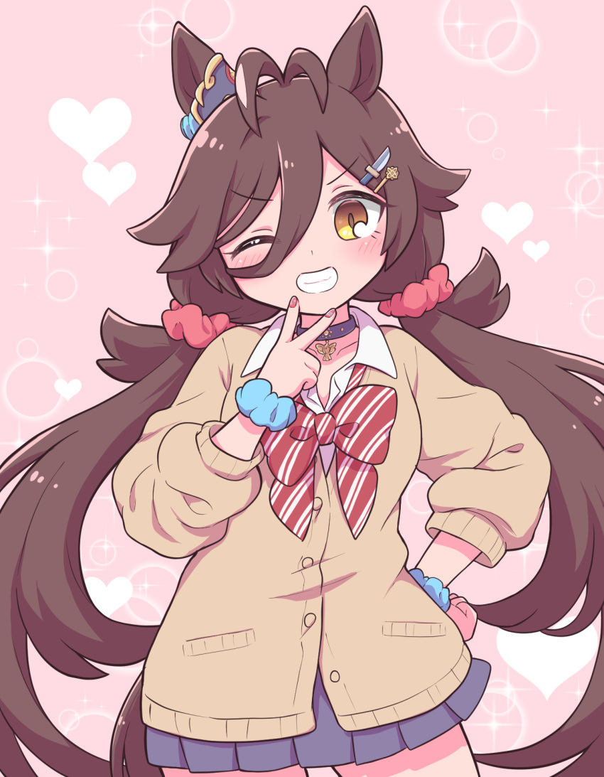 alternate_costume, animal_ears, breasts, brown_hair, collar, collarbone, fingernails, grin