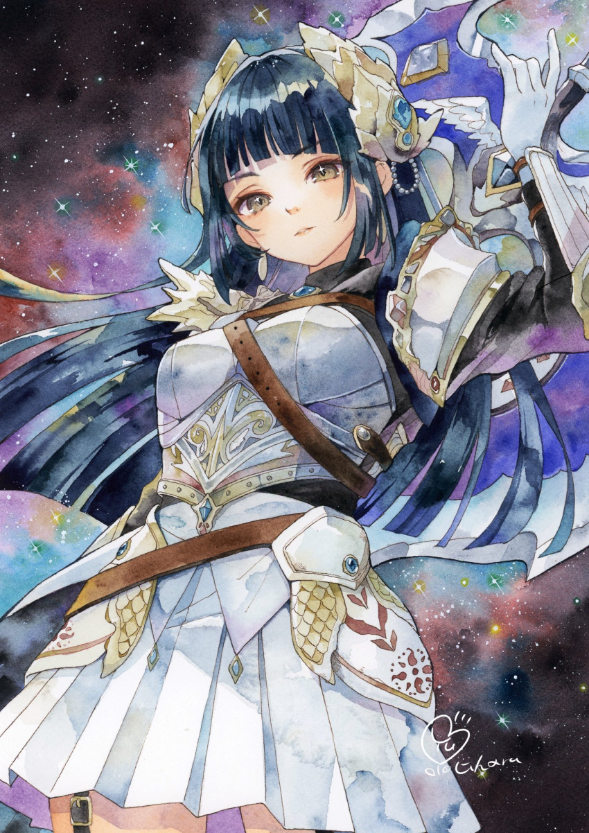 1girl, :|, arm_armor, armor, axe, battle_axe, belt, black_hair, black_shirt, blunt_bangs, blunt_ends, breastplate, brown_belt, brown_eyes, closed_mouth, cuirass, fake_horns, faulds, garter_belt, gem, gloves, highres, hime_cut, horned_headwear, horns, long_hair, original, painting_(medium), pauldrons, personification, pleated_skirt, shirt, shoulder_armor, sidelocks, signature, skirt, sky, solo, space, star_(sky), star_(symbol), star_in_eye, starry_sky, straight_hair, symbol_in_eye, traditional_media, watercolor_(medium), weapon, white_gloves, white_skirt, yuyuharu_1027