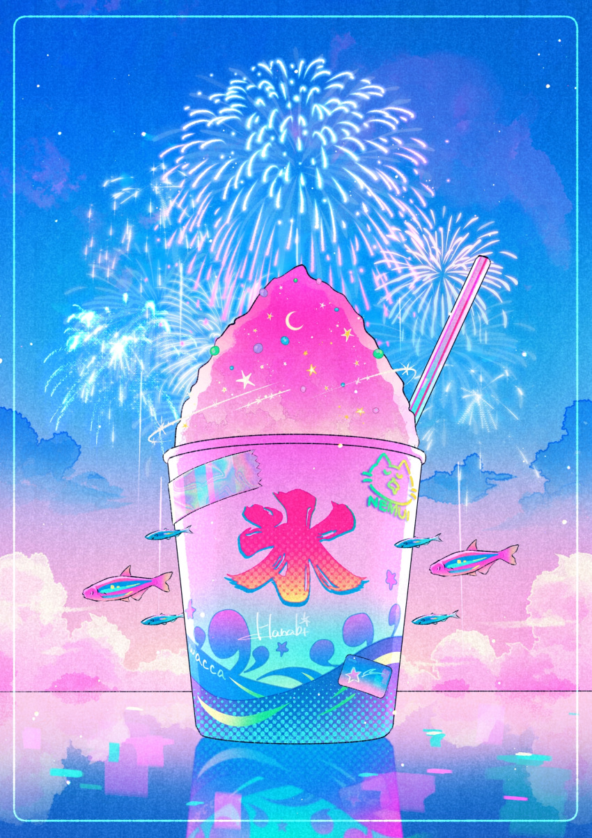 aerial_fireworks, clouds, crescent, evening, fireworks, fish, flying_fish, food
