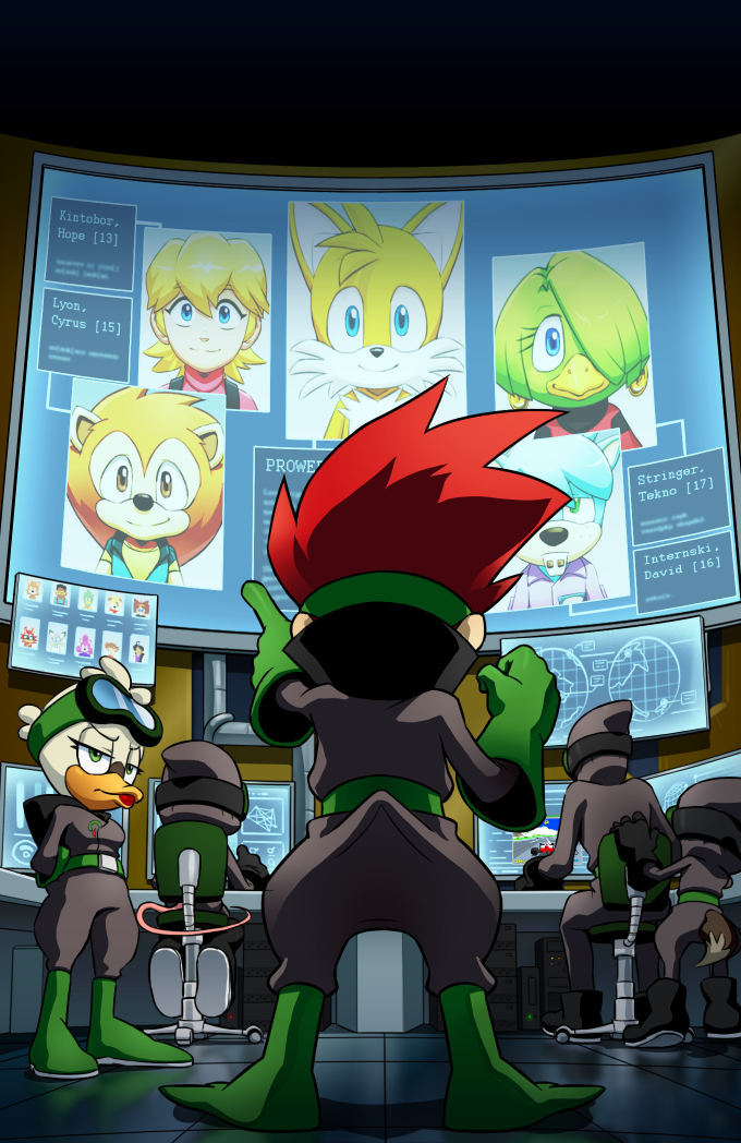 6+boys, 6+girls, animal_ears, avatar_(sonic_forces), blonde_hair, braces, brown_eyes, character_age, character_name, child, christopher_thorndyke, commentary, cyrus_the_lion, dave_the_intern, doctor_quack_(sonic), duck_girl, english_commentary, family_matters, fox_boy, gloves, green_eyes, green_gloves, hair_between_eyes, hope_kintobor, joeadok, lion_boy, monitor, multiple_boys, multiple_girls, muttski_(archie_sonic), pointing, redhead, smile, sonic_(series), sonic_boom_(series), sonic_the_comic, sonic_the_hedgehog_(archie_comics), steve_urkel, tails_(sonic), tekno_the_canary