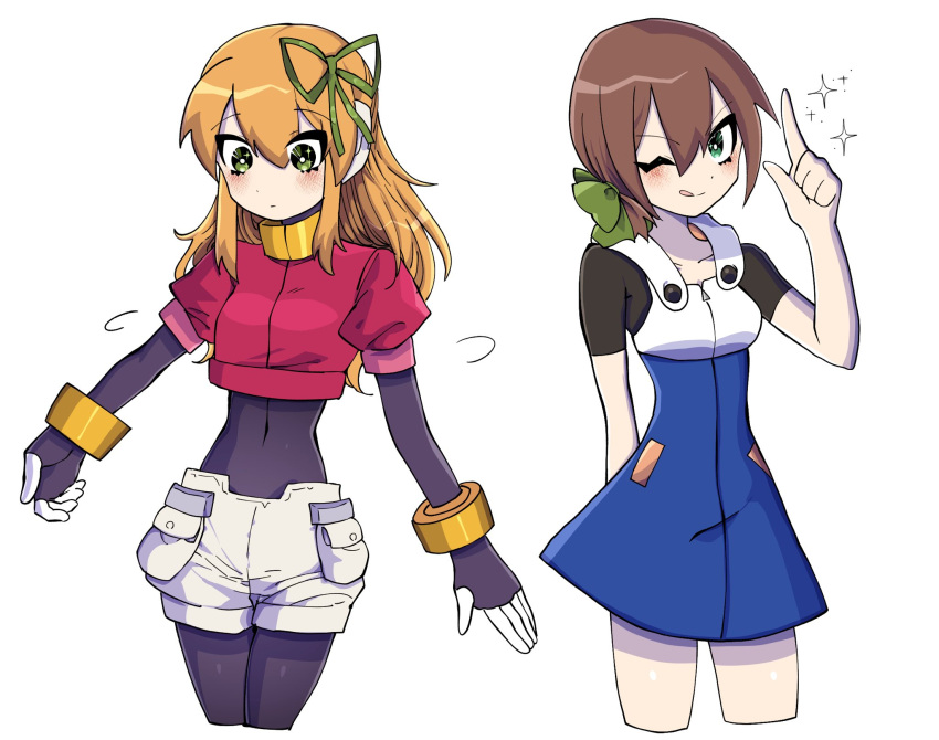 2girls, aile_(mega_man_zx), aile_(mega_man_zx)_(cosplay), black_bodysuit, blonde_hair, blue_dress, blush, bodysuit