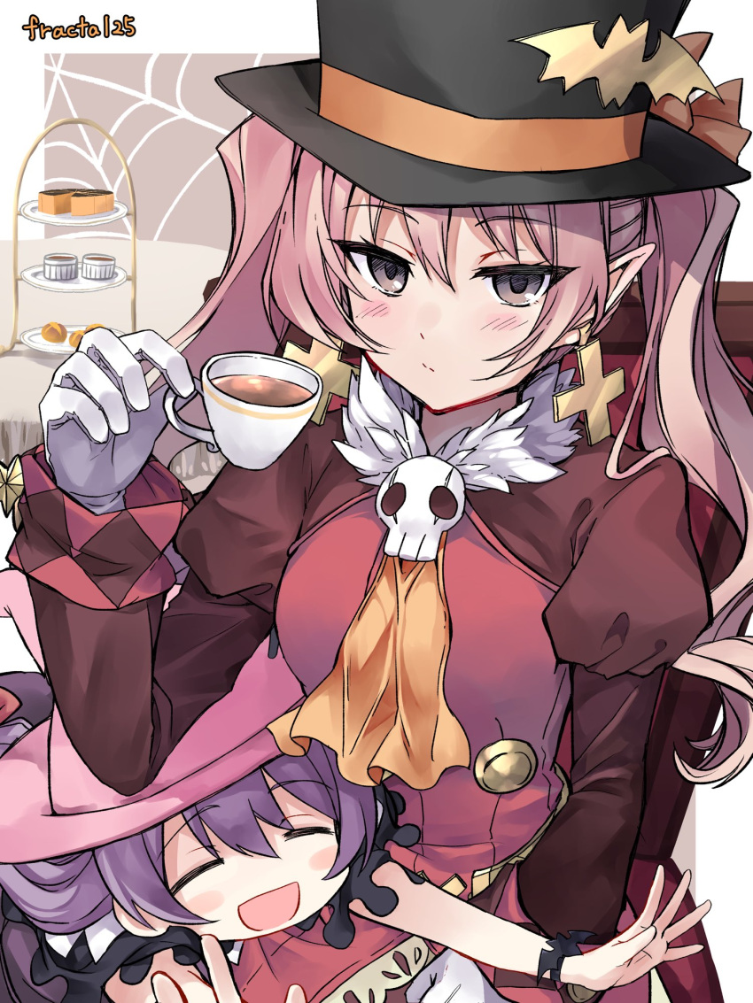 2girls, :d, ascot, blush, closed_eyes, commentary_request, cross, cross_earrings