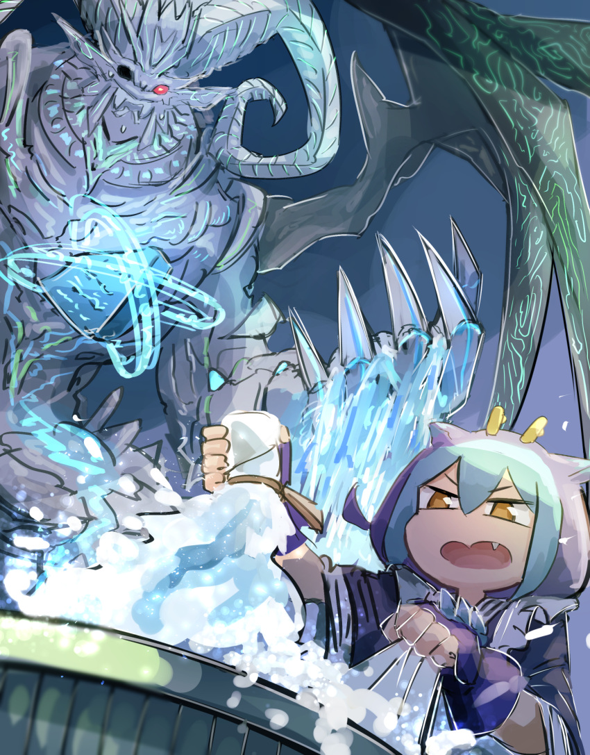 1girl, apron, blue_hair, blue_kimono, commentary, dragon_girl, dragon_horns, duel_monster