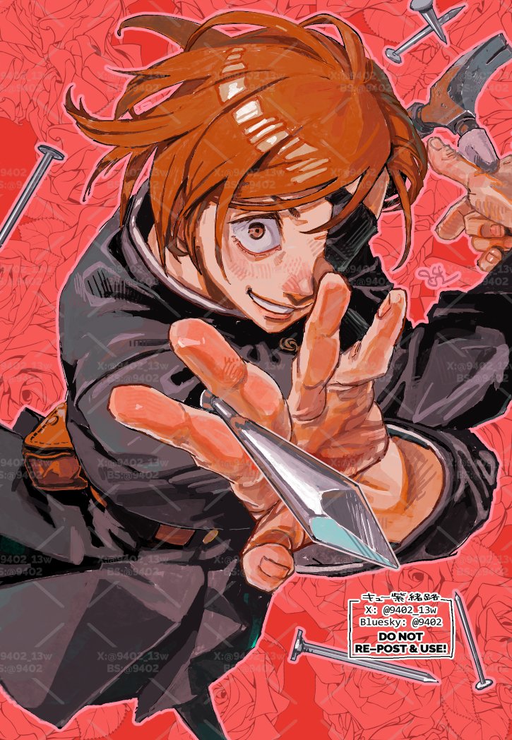 1girl, 9402_13w, brown_hair, claw_hammer, eyepatch, hammer, holding, holding_hammer