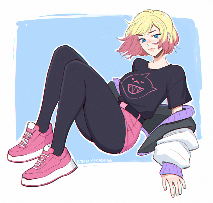 1girl, belt, blonde_hair, blue_eyes, gwenpool, highres, jacket, looking_at_viewer