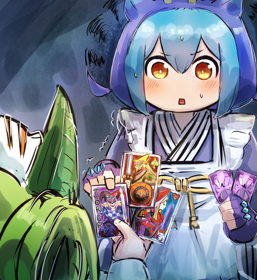2girls, apron, blue_hair, blue_kimono, card, dragon_girl, dragon_horns, duel_monster, hatano_kiyoshi, highres, holding, holding_card, horns, japanese_clothes, joker's_knight, kimono, king's_knight_(yu-gi-oh!), laundry_dragonmaid, maid, maid_apron, multiple_girls, parlor_dragonmaid, poker, queen's_knight, solo_focus, sweat, wa_maid, yellow_eyes, yu-gi-oh!