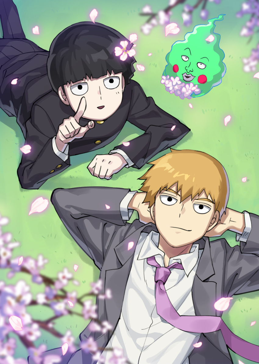 2boys, black_eyes, blush_stickers, bowl_cut, cherry_blossoms, copyright_request, ekubo_(mob_psycho_100), falling_petals