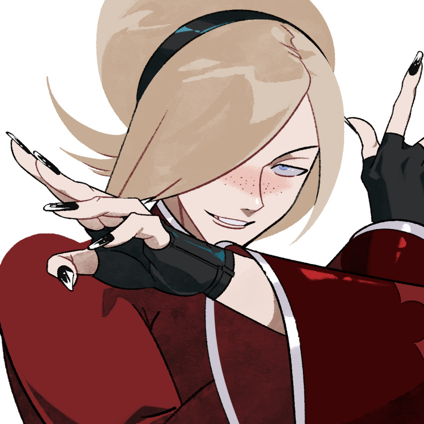 1boy, arms_up, ash_crimson, asymmetrical_bangs, black_gloves, black_headband, black_nails, blonde_hair, blue_eyes, closed_mouth, collared_jacket, commentary, crossed_arms, curled_fingers, english_commentary, fingerless_gloves, freckles, gloves, hair_over_one_eye, headband, hexermer, highres, jacket, looking_at_viewer, male_focus, one_eye_covered, pointing, red_jacket, simple_background, smile, solo, the_king_of_fighters, upper_body, white_background, white_trim, wide_sleeves
