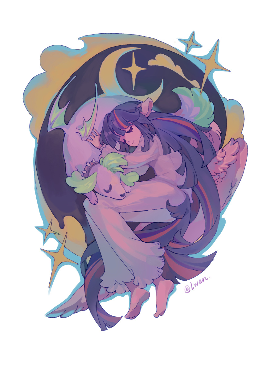 1girl, absurdres, animal, animal_ears, animification, barefoot, chinese_commentary, collar, colored_skin, commentary_request, crescent, dog, dragon_wings, feathered_wings, highres, horse_ears, horse_girl, horse_tail, long_hair, lwen, lying, my_little_pony, my_little_pony:_equestria_girls, my_little_pony:_friendship_is_magic, on_side, pajamas, personification, pet, purple_skin, purple_theme, simple_background, sleeping, sparkle, spike_(equestria_girls), spike_(my_little_pony), spiked_collar, spikes, tail, twilight_sparkle, twilight_sparkle_(human), very_long_hair, white_background, wings