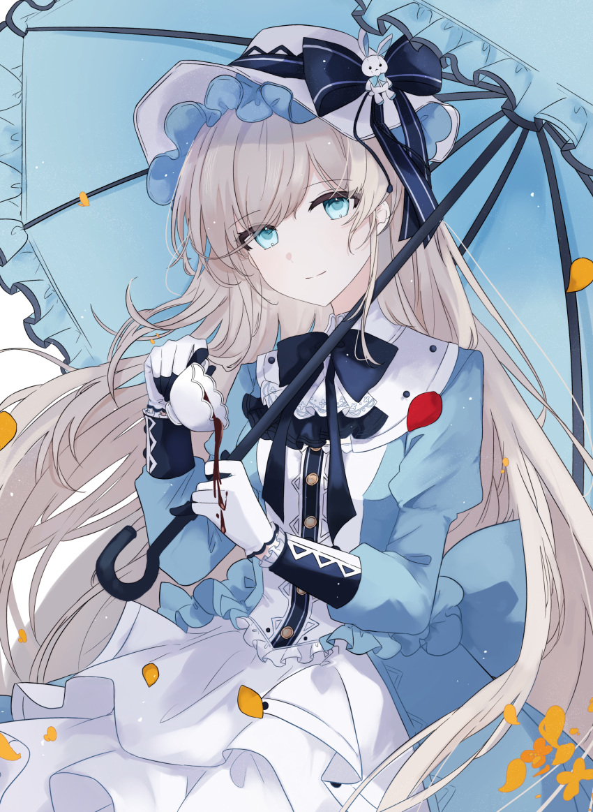 1girl, absurdres, alice_(arcaea), arcaea, black_bow, black_bowtie, blonde_hair, blue_dress