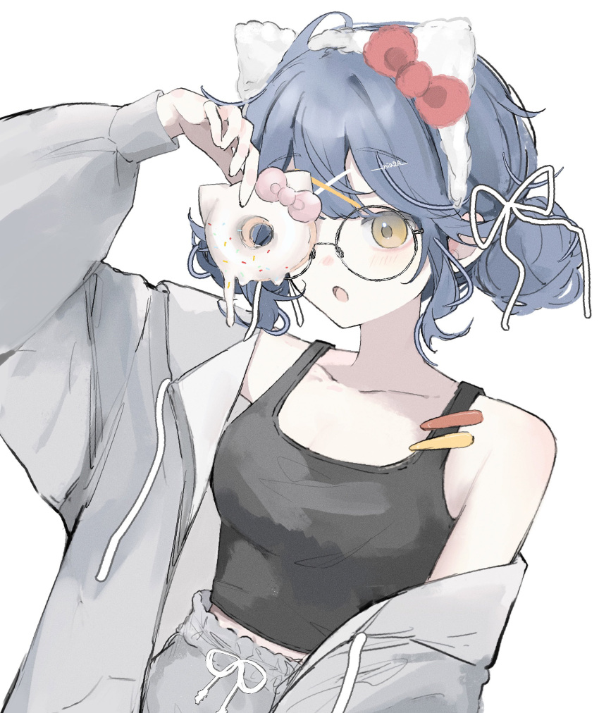 1girl, :o, absurdres, black-framed_eyewear, black_tank_top, blue_hair, blush, bow, coat, collarbone, cream, double_bun, doughnut, food, fur_hairband, grey_coat, grey_shorts, hair_bun, hair_ornament, hair_ribbon, hairclip, highres, holding, holding_doughnut, holding_food, leaning_to_the_side, looking_through_doughnut, medium_hair, niaa, open_clothes, open_coat, original, red_bow, ribbon, round_eyewear, shorts, sidelocks, single_bare_shoulder, solo, tank_top, white_background, white_ribbon, x_hair_ornament, yellow_eyes
