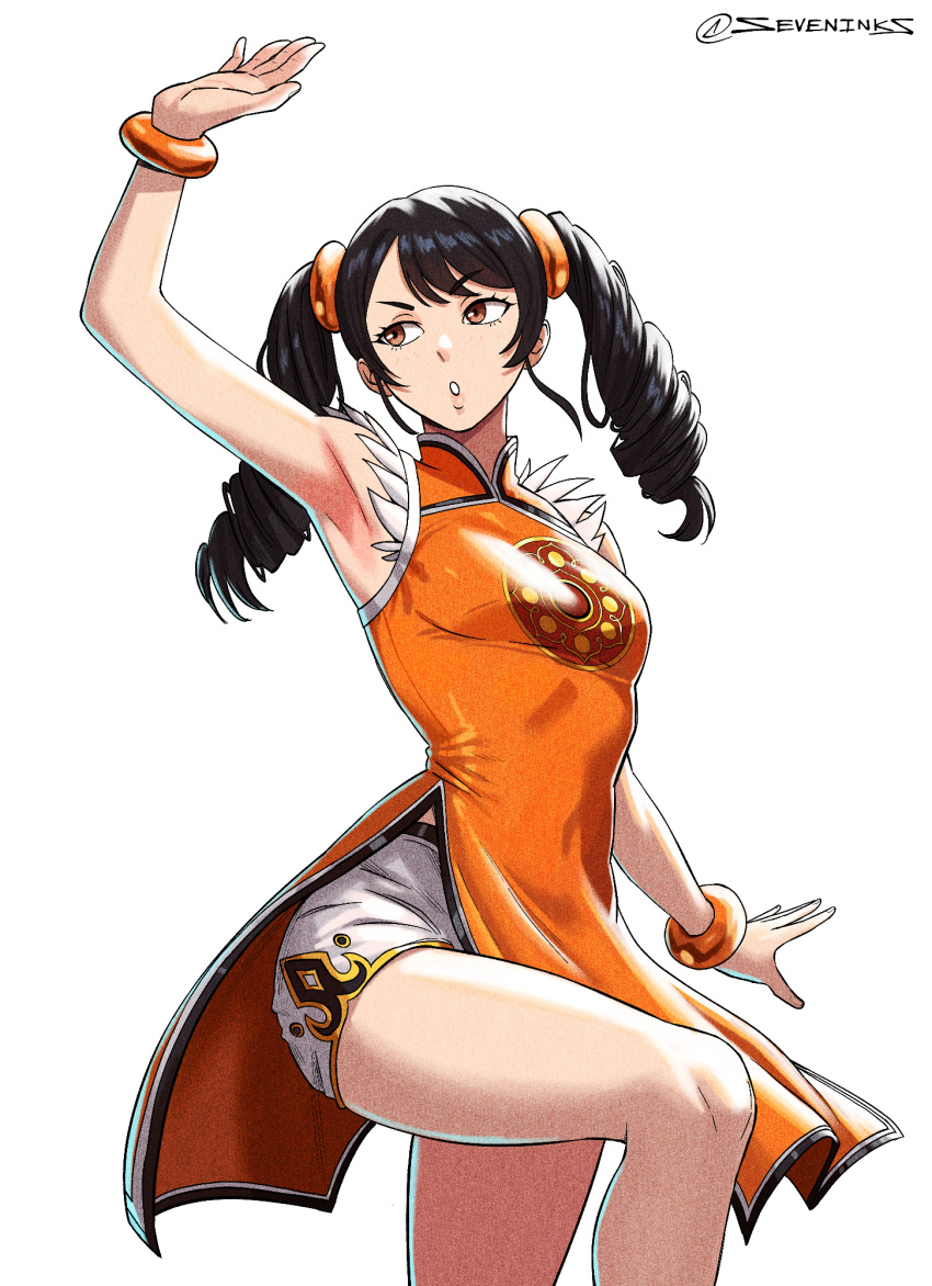 1girl, arm_up, armpits, artist_name, black_hair, bracelet, breasts, brown_eyes