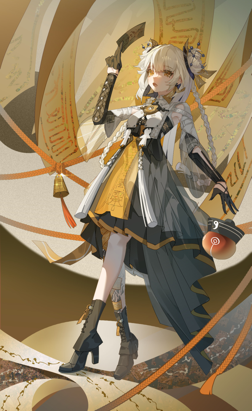 1girl, bell, black_footwear, black_gloves, boots, braid, china_dress, chinese_clothes, double_bun, dress, drone, gloves, grey_hair, hair_bun, half_gloves, highres, karenina_(punishing:_gray_raven), long_hair, mizu_moku_shio, official_alternate_costume, official_alternate_hairstyle, ofuda, open_mouth, orange_eyes, punishing:_gray_raven, solo, twin_braids, twintails, white_hair, yellow_eyes