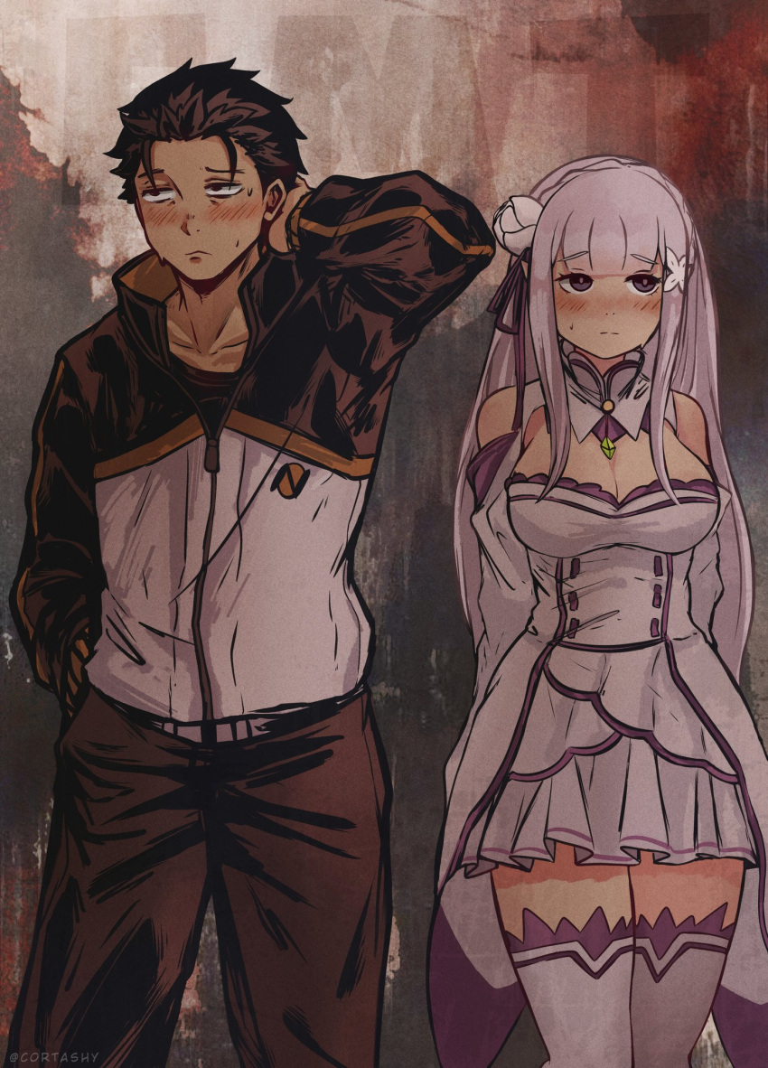 1boy, 1girl, abstract_background, black_eyes, black_hair, bright_pupils, dress, emilia_(re:zero)