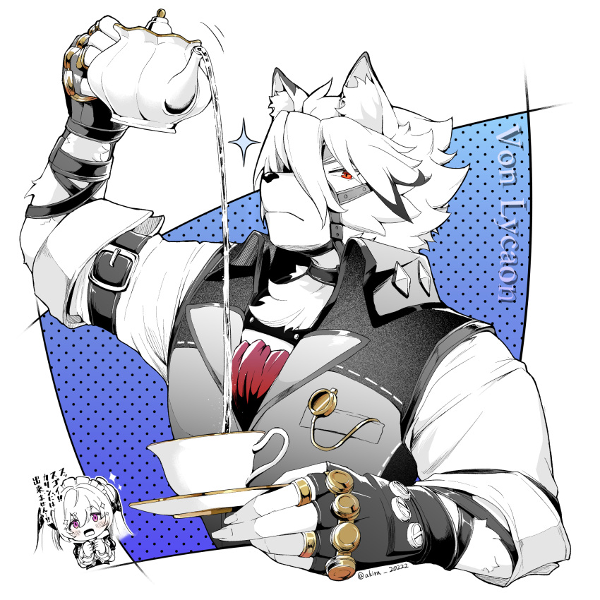 1boy, 1girl, black_gloves, blush, character_name, closed_mouth, corin_wickes, cup