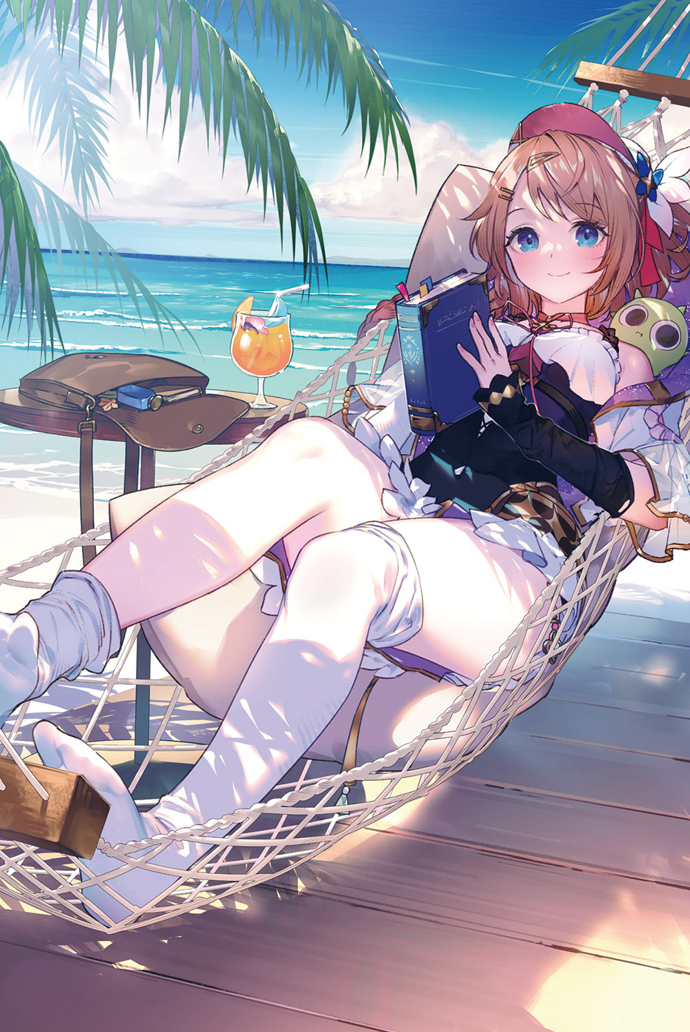 1girl, arm_warmers, atelier_(series), atelier_resleriana, black_arm_warmers, black_dress, blue_eyes, blue_sky